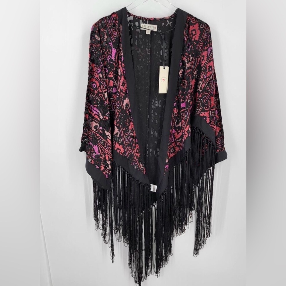 IDYLLWIND Kimono Black Pink Red Fringed Stunning Velvet Burnout Cardigan NWT 🖤💗 - Picture 9 of 16